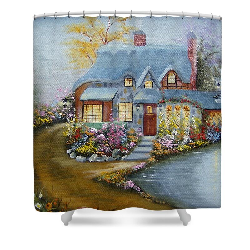 Cottage Shower Curtain featuring the painting Cottage by the Road by Debra Campbell