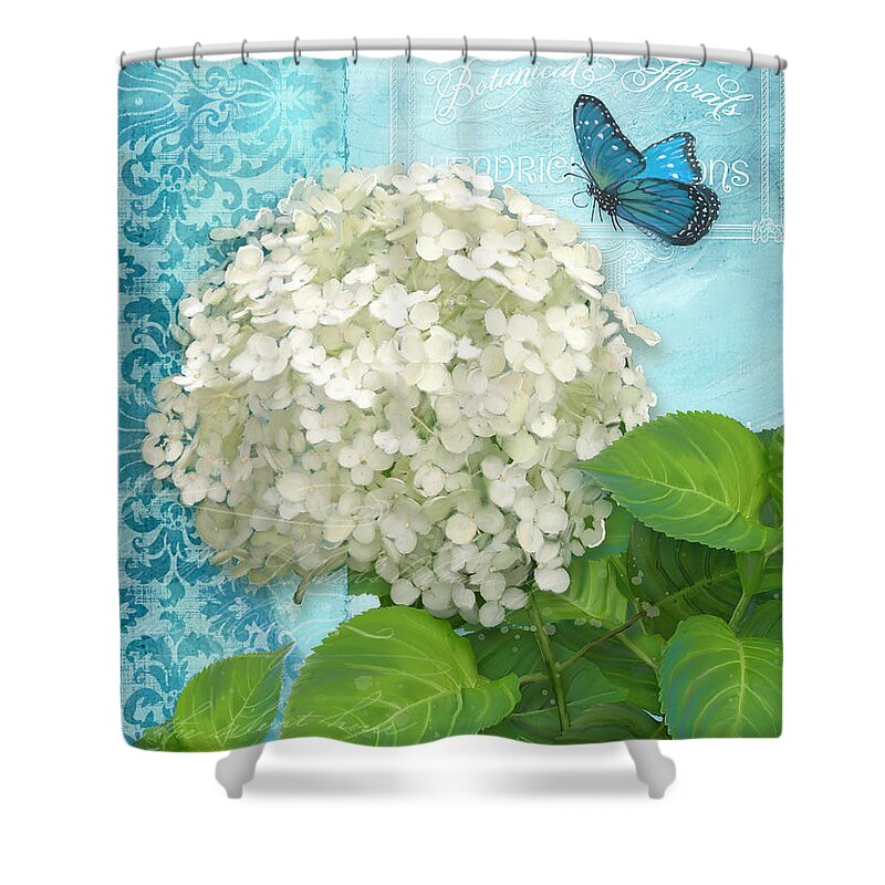 White Hydrangea Shower Curtain featuring the painting Cottage Garden White Hydrangea with Blue Butterfly by Audrey Jeanne Roberts