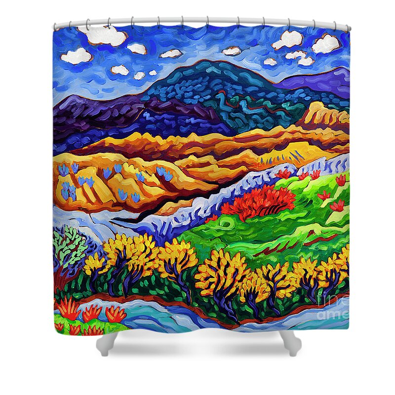 Cottonwoods Shower Curtain featuring the painting Cottonwoods Along the River by Cathy Carey