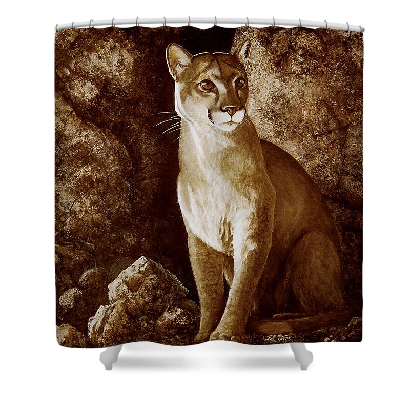 Cougar Shower Curtain featuring the painting Cougar Wait Until Dark by Frank Wilson