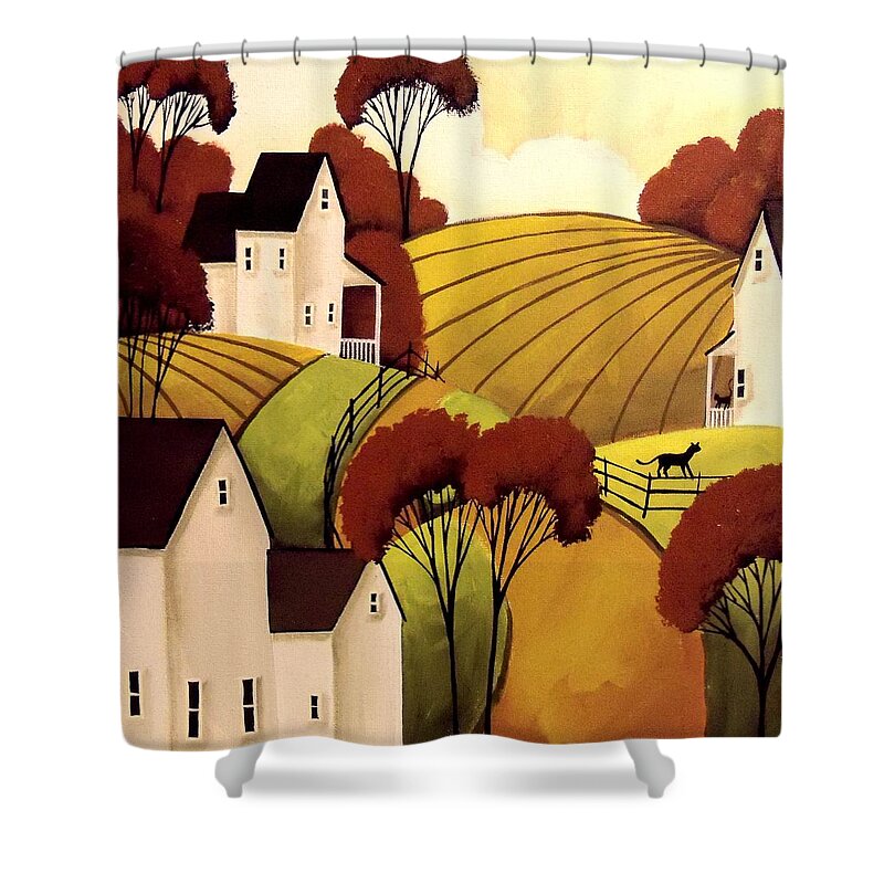 Art Shower Curtain featuring the painting Country Cats Autumn by Debbie Criswell