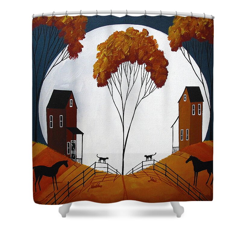 Art Shower Curtain featuring the painting Country Cousins - folk art landscape by Debbie Criswell