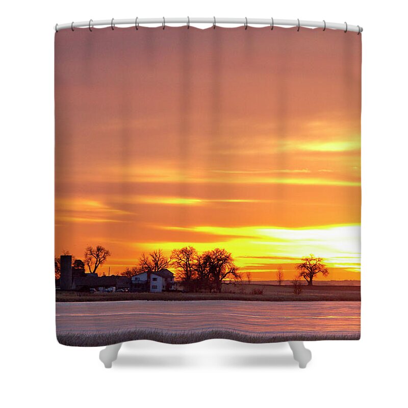 Farms Shower Curtain featuring the photograph Country Farm Union Reservoir Colorful Sunrise Longmont Colorado by James BO Insogna