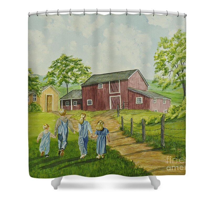 Country Kids Art Shower Curtain featuring the painting Country Kids by Charlotte Blanchard