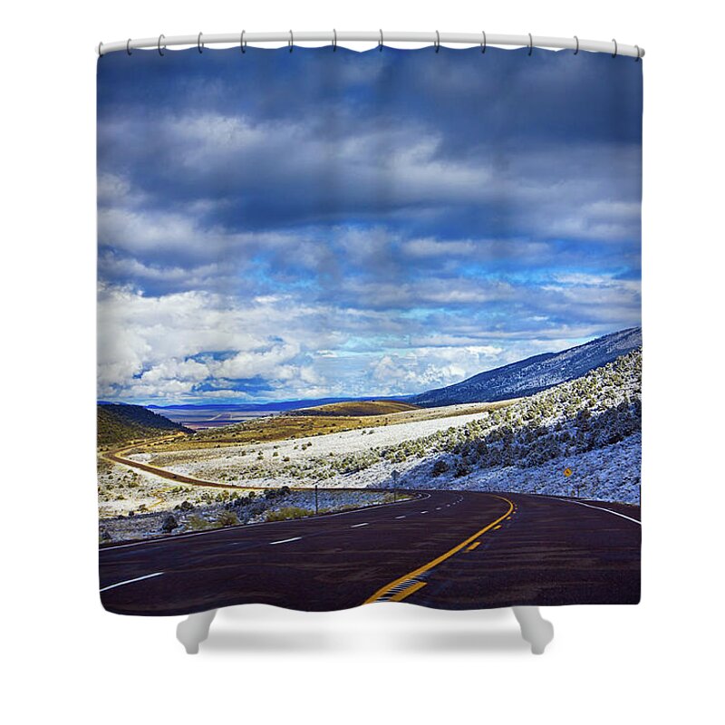 Country Shower Curtain featuring the photograph Country road and first November snow in Utah by Tatiana Travelways