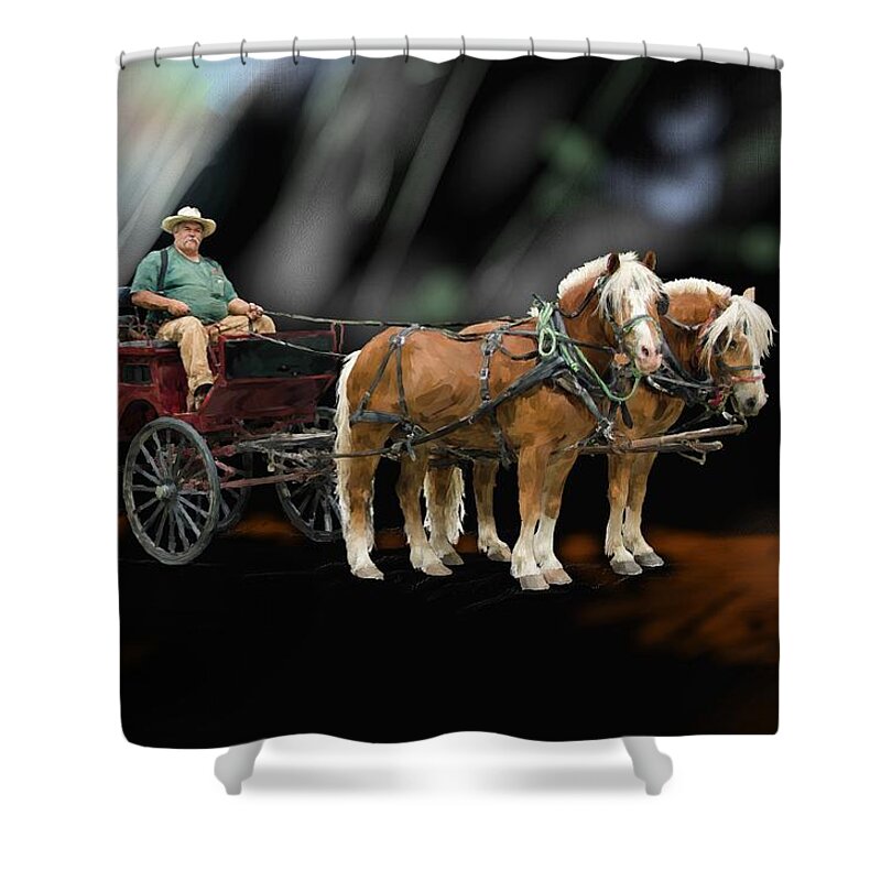 Animal Shower Curtain featuring the digital art Country road horse and wagon by Debra Baldwin