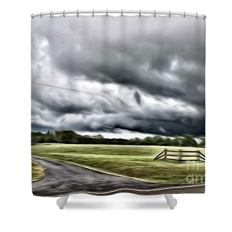 Country Road Peace Shower Curtain featuring the mixed media Country Road l by Robin Coaker