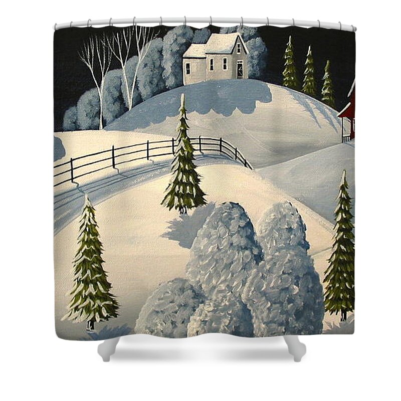 Art Shower Curtain featuring the painting Country Winter Night - folk art landscape by Debbie Criswell