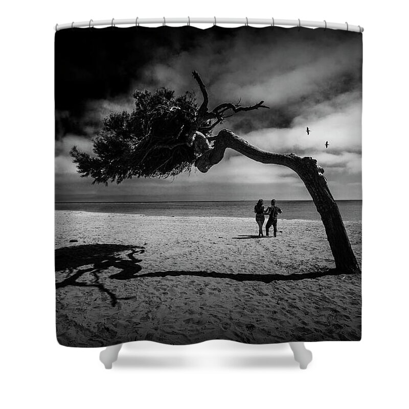 Tree Shower Curtain featuring the photograph Couple on Cabrillo Beach by Los Angeles California by Randall Nyhof