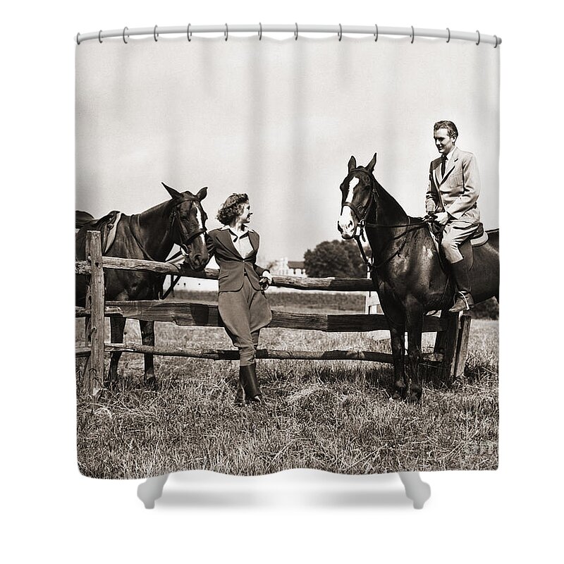 1930s Shower Curtain featuring the photograph Couple Out Riding, C.1930-40s by H Armstrong Roberts and ClassicStock