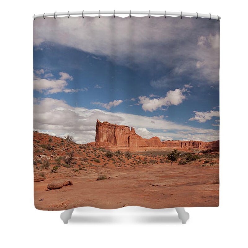 Moab Shower Curtain featuring the photograph Courthouse Towers and The Three Gossips by Alan Vance Ley