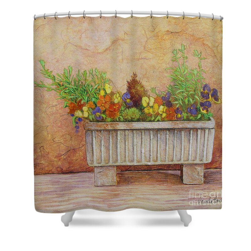 France Shower Curtain featuring the mixed media Courtyard Bouquet by Pamela Iris Harden