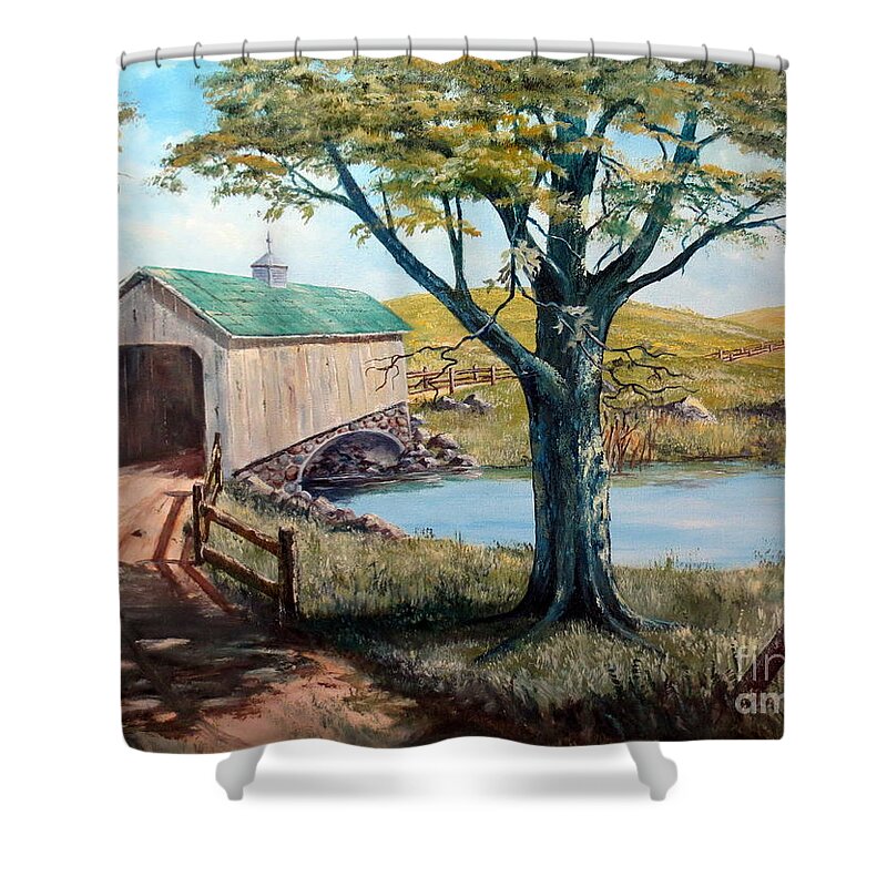 Covered Bridge Shower Curtain featuring the painting Covered Bridge, Americana, Folk Art by Lee Piper