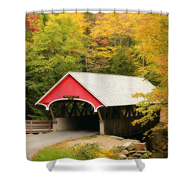 Flume Shower Curtain featuring the photograph Covered Bridge in Autumn by James Kirkikis