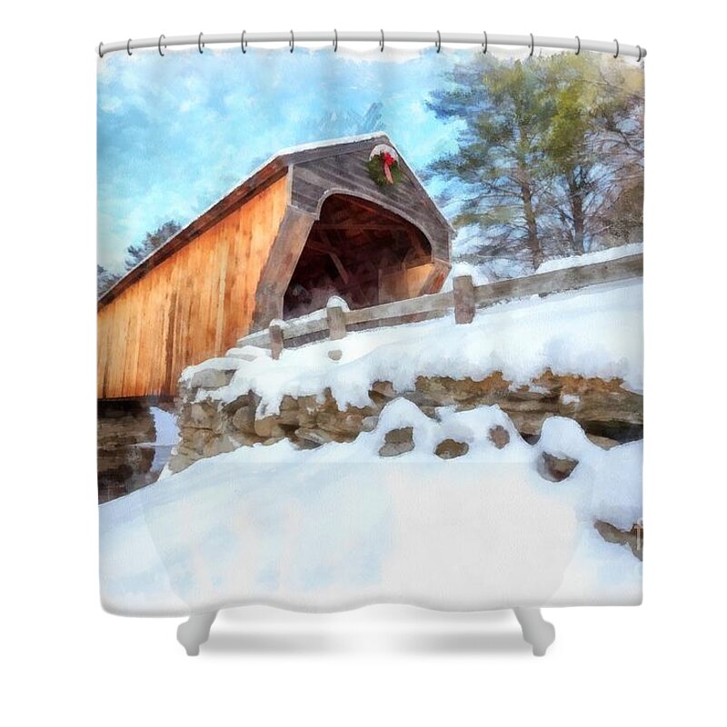 Watercolor Shower Curtain featuring the painting Covered Bridge Winter Corbin Bridge Newport by Edward Fielding