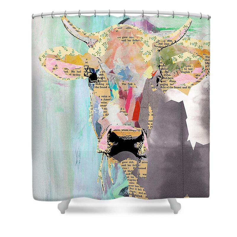 Cow Shower Curtain featuring the mixed media Cow Collage by Claudia Schoen