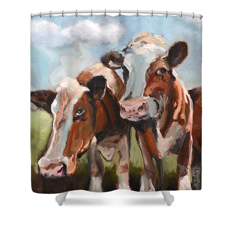 Cow Shower Curtain featuring the painting Cow Pasture Cuties by Donna Tuten