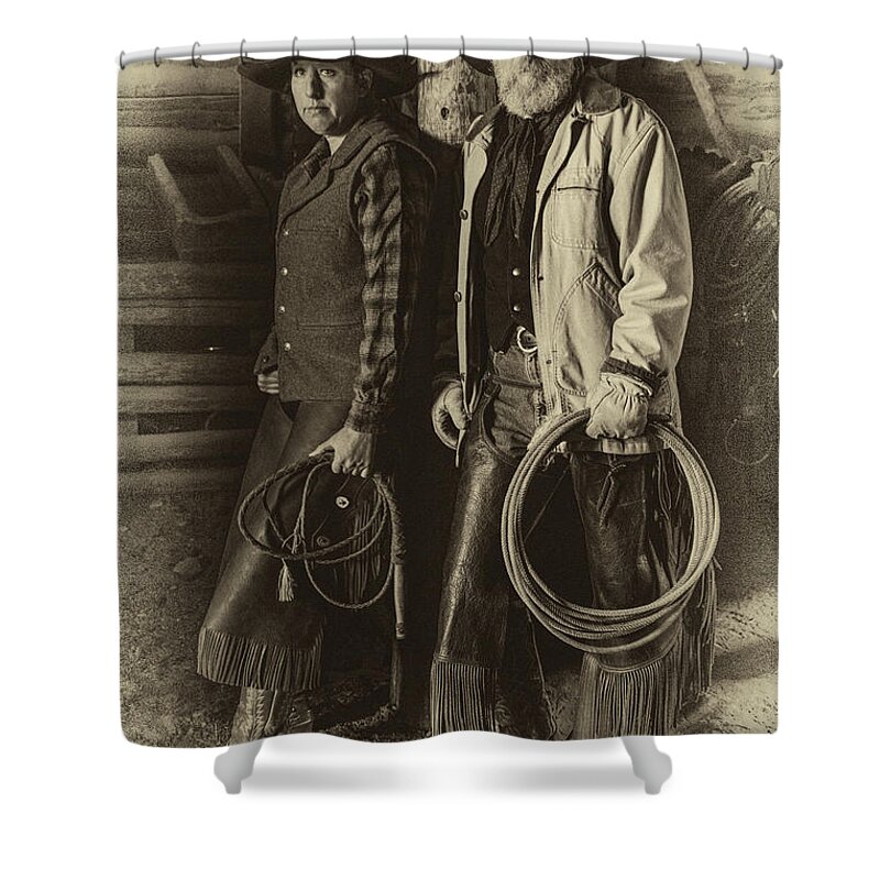 Cowboy Shower Curtain featuring the photograph Cowboy and Cowgirl in Barn by Sam Sherman