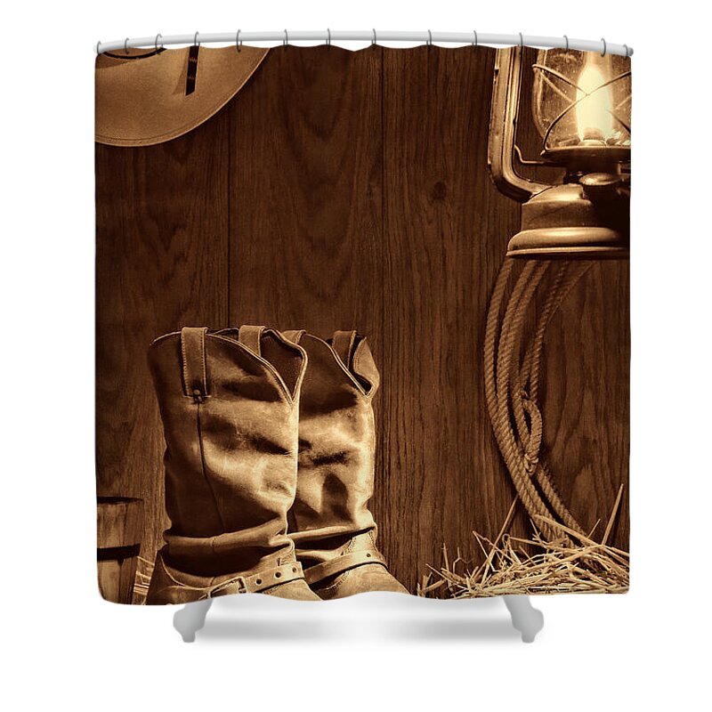 Western Shower Curtain featuring the photograph Cowboy Boots at the Ranch by American West Legend By Olivier Le Queinec