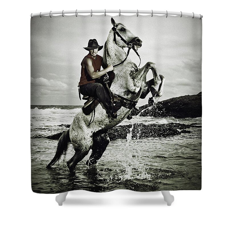 Horse Shower Curtain featuring the photograph Cowboy on the rear up horse in the river by Dimitar Hristov