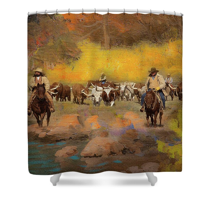 Cowboys Shower Curtain featuring the photograph Cowboys and Longhorns by Toni Hopper