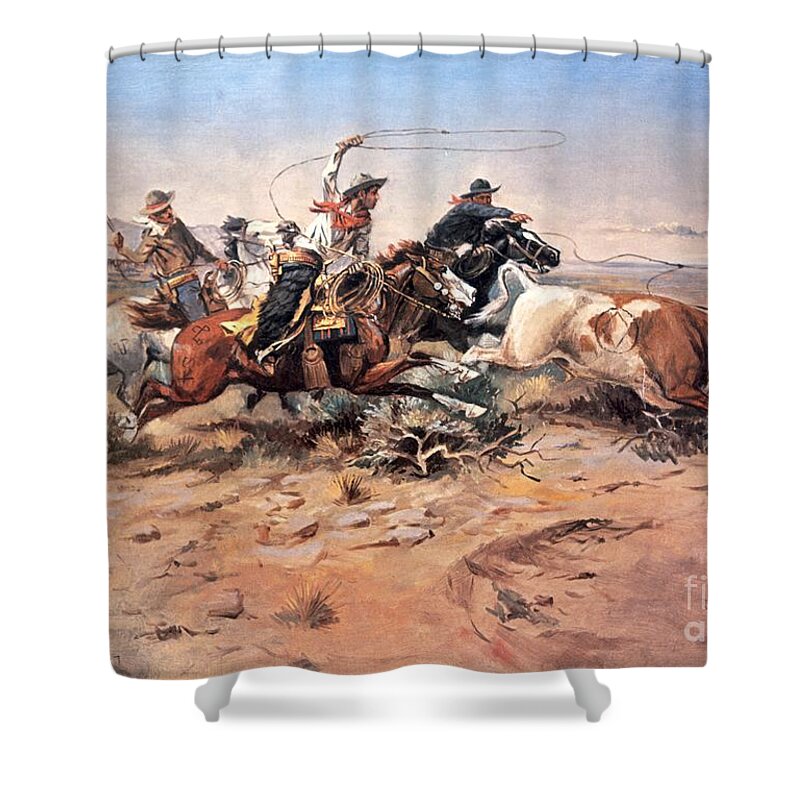Cowboys Shower Curtain featuring the painting Cowboys roping a steer by Charles Marion Russell