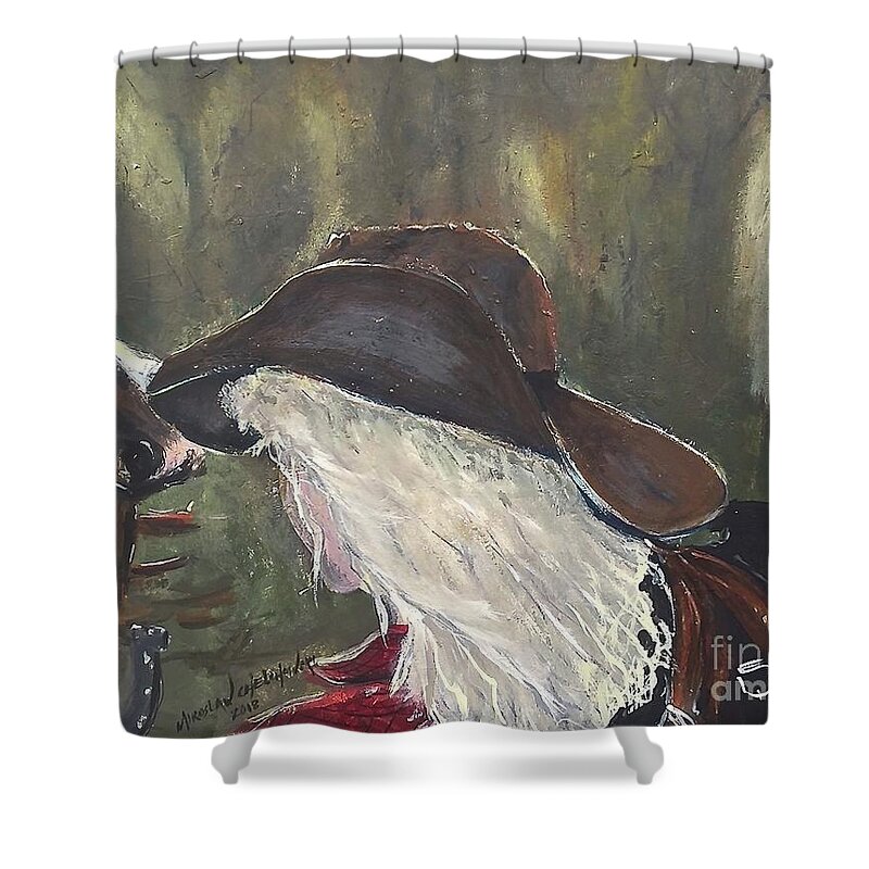 Cowgirl Horse Riding Hat Horseshoe Blondie Hair Girl Woman Fence Forest Tree Horse Lover Brown Red Saddle Acrylic On Canvas Print Painting Shower Curtain featuring the painting Cowgirl by Miroslaw Chelchowski