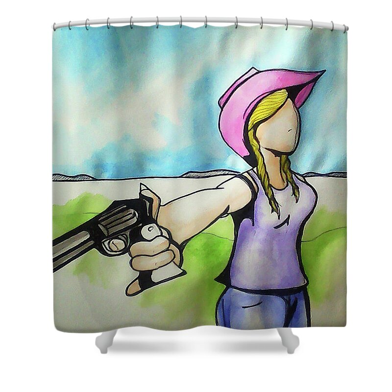 Cowgirl Shower Curtain featuring the painting Cowgirl with gun by Loretta Nash