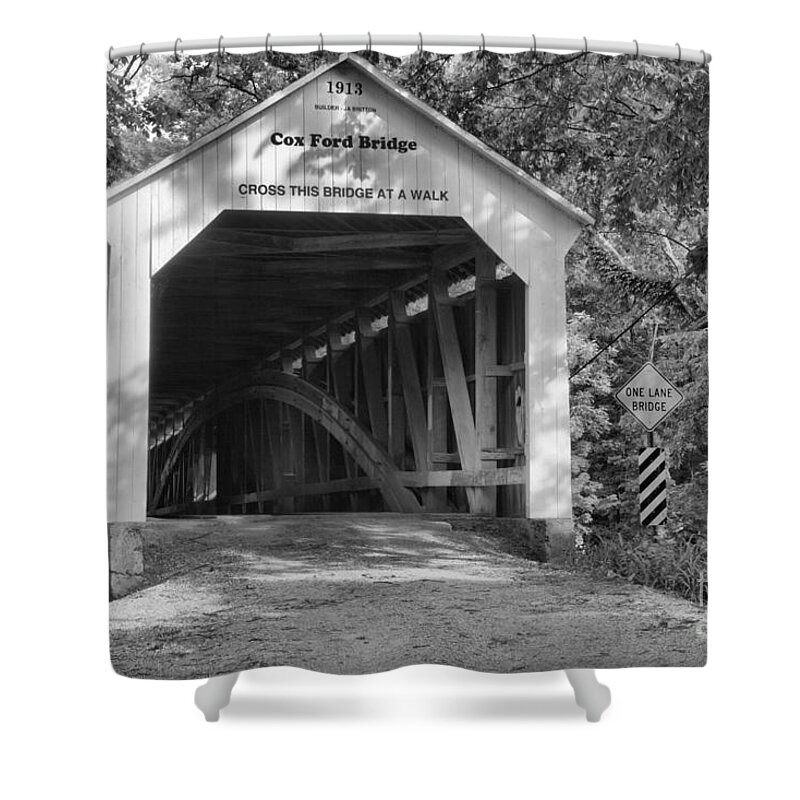 Cox Ford Covered Bridge Shower Curtain featuring the photograph Cox Ford Covered Bridge Black And White by Adam Jewell