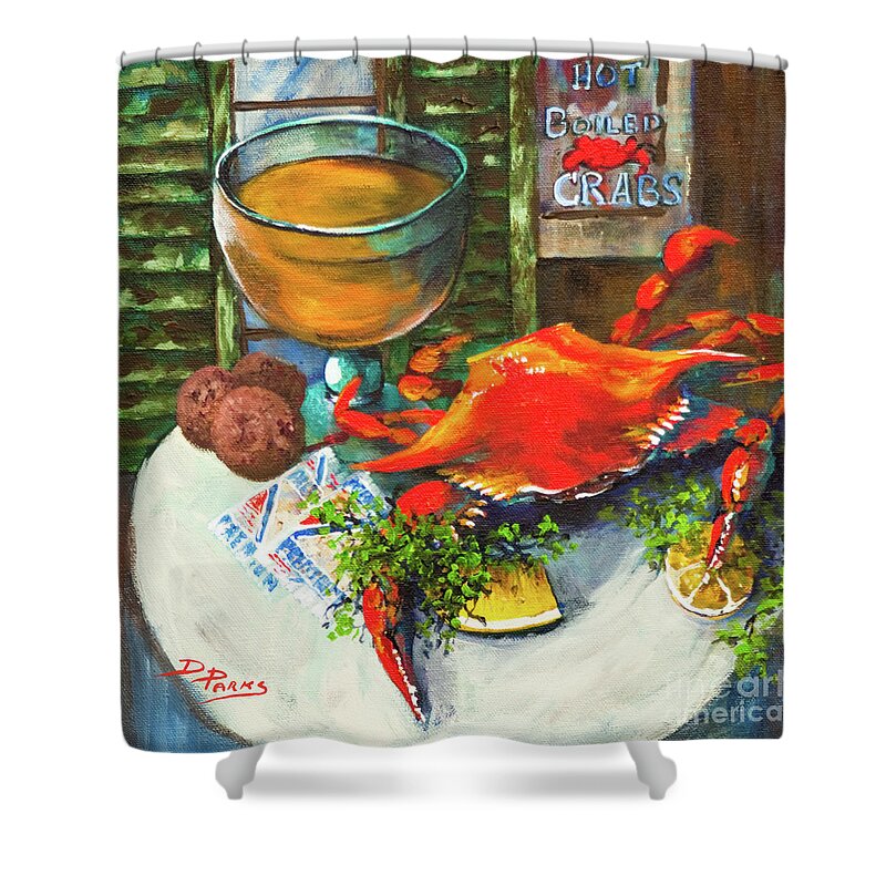 New Orleans Art Shower Curtain featuring the painting Crab and Crackers by Dianne Parks