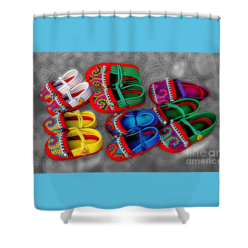 Children Shower Curtain featuring the digital art Crafted Children's Shoes Of Northwest Thailand by Ian Gledhill