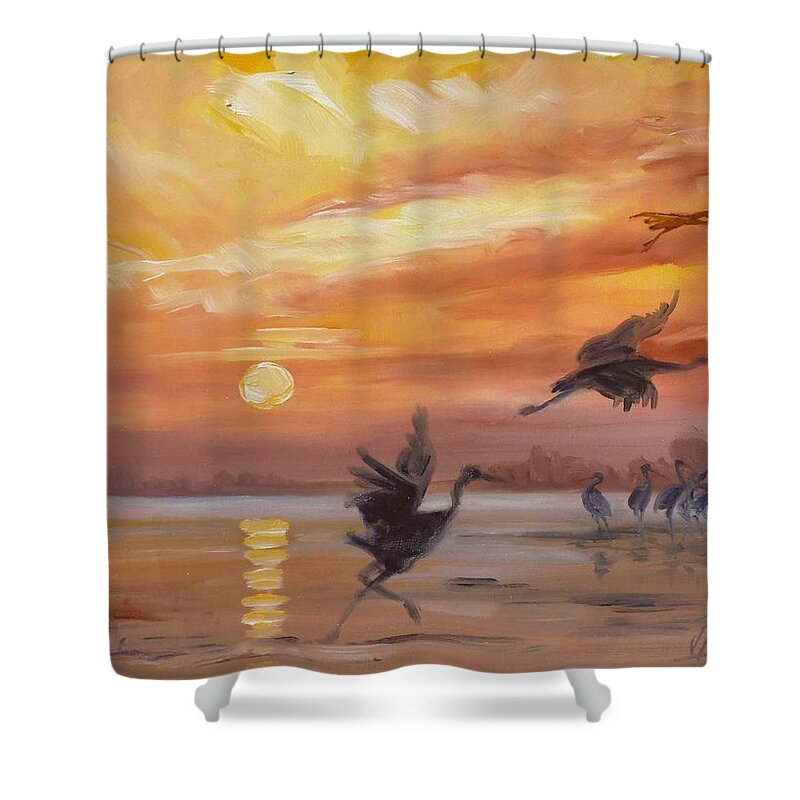 Sunset Shower Curtain featuring the painting Cranes - golden sunset by Irek Szelag