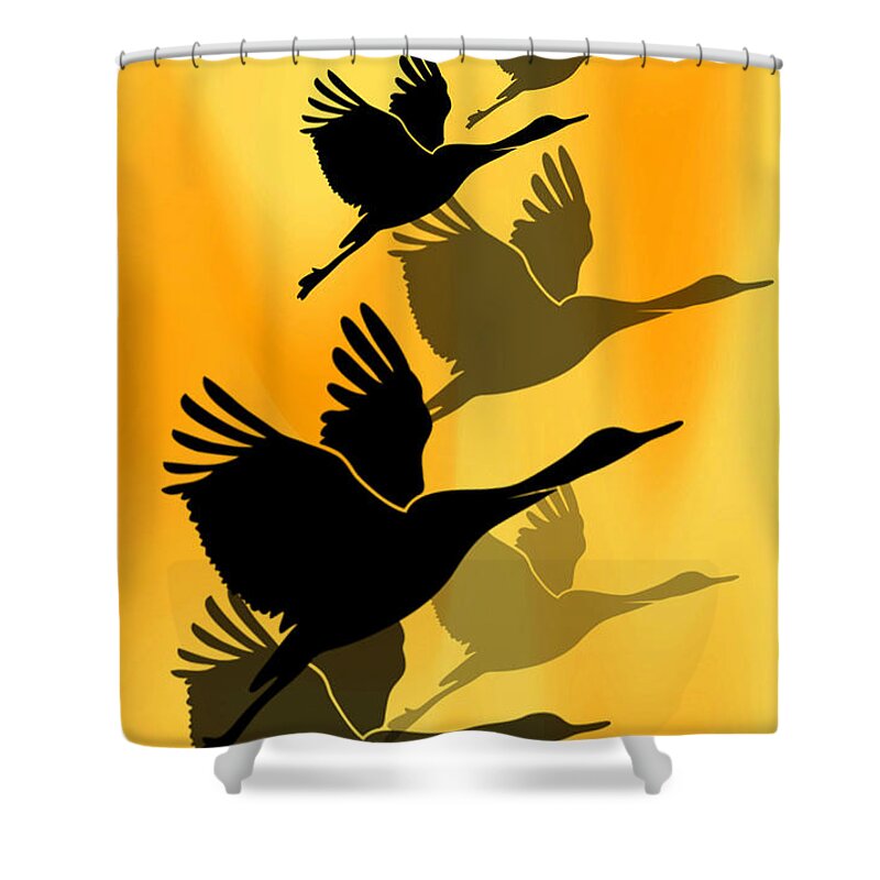 Cranes Shower Curtain featuring the digital art Cranes in flight by Rumiana Nikolova