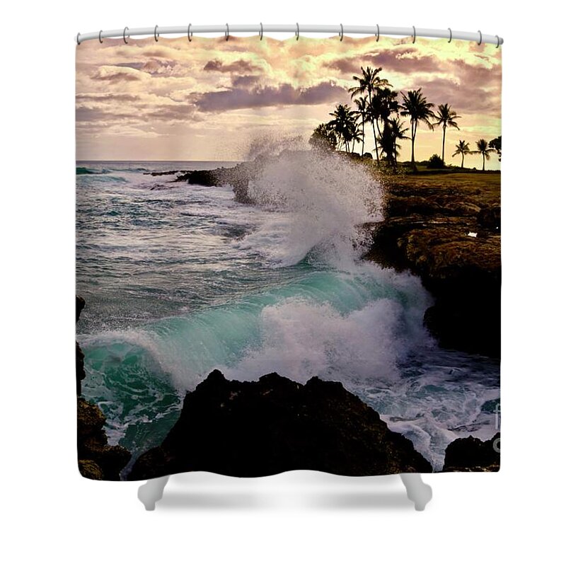 Pokai Bay Shower Curtain featuring the photograph Crashing Waves at Sunset by Craig Wood