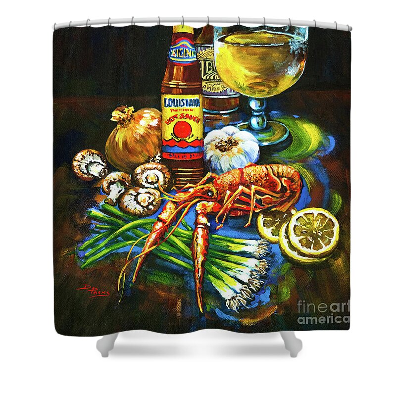  Louisiana Food Shower Curtain featuring the painting Crawfish Fixin's by Dianne Parks