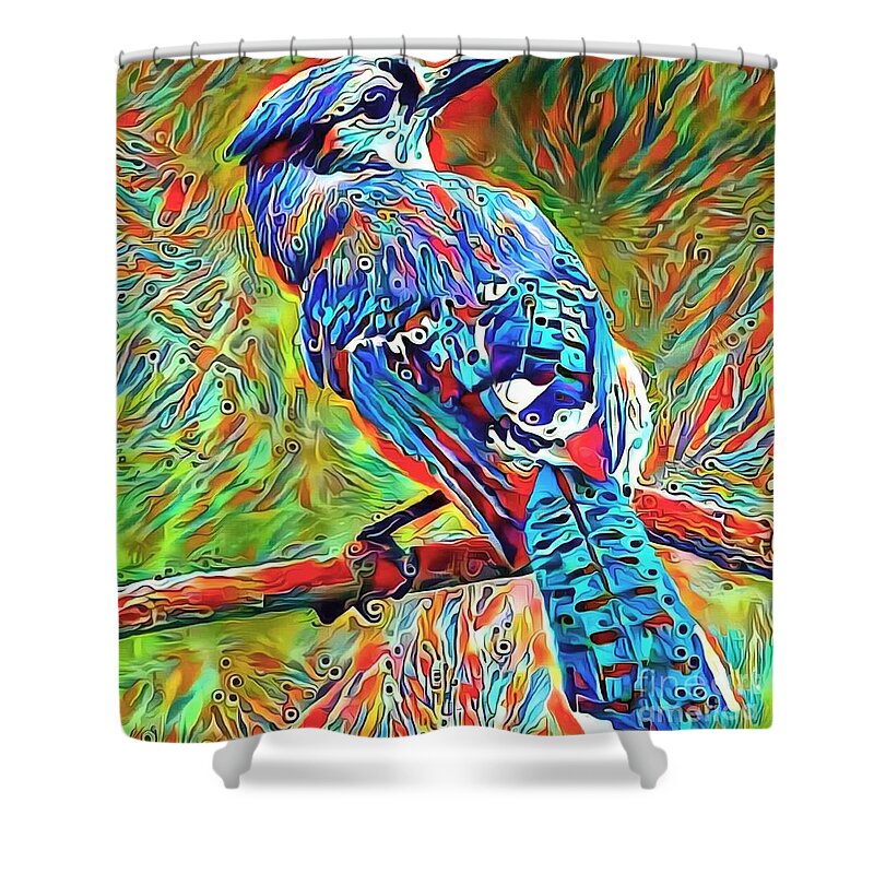 Bird Shower Curtain featuring the painting Crazy Blue Bird by Jack Torcello