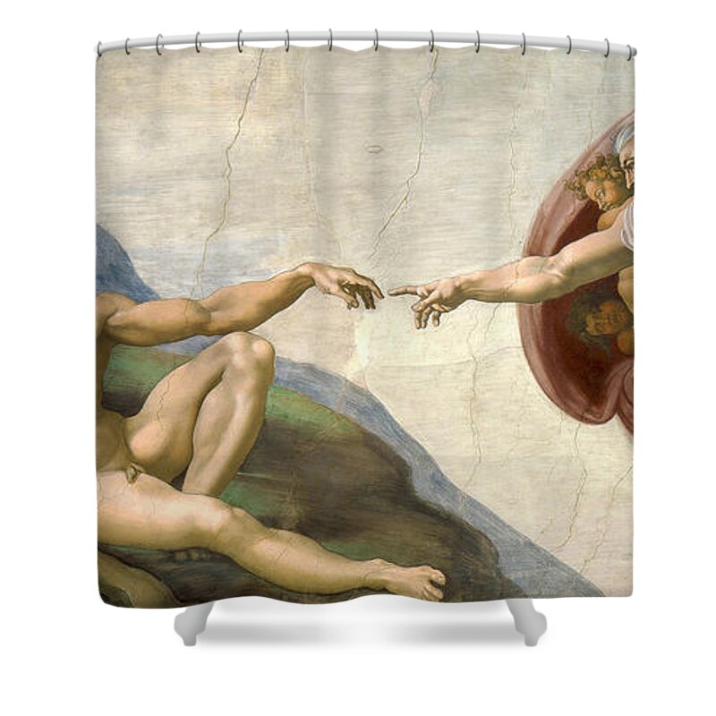 Creation Of Adam Shower Curtain featuring the painting Creation of Adam - Painted by Michelangelo by War Is Hell Store