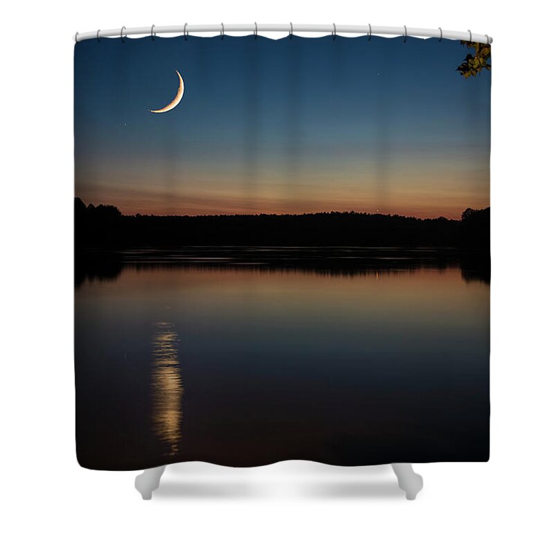 Crescent Moon Set At Lake Chesdin Shower Curtain featuring the photograph Crescent Moon Set at Lake Chesdin by Jemmy Archer