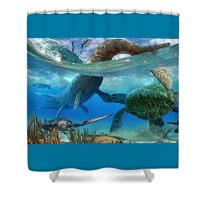 Paleoart Shower Curtain featuring the digital art Cretaceous Marine Scene by Julius Csotonyi