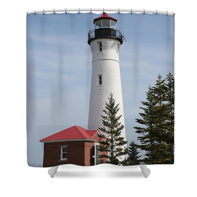 Pure Michigan Shower Curtain featuring the pyrography Crisp Point by Robert Pearson