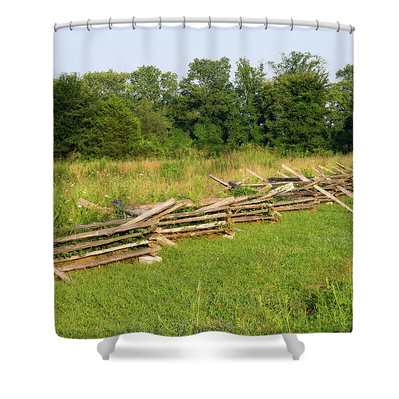 Cross Shower Curtain featuring the photograph Cross Tie Fence Across the Field by Douglas Barnett