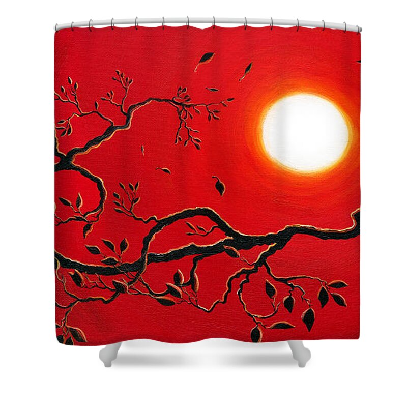 Zen Shower Curtain featuring the painting Crow in Crimson Sunset by Laura Iverson
