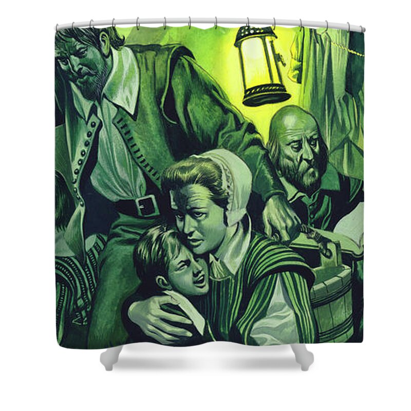 Mayflower Shower Curtain featuring the painting Crowded conditions on The Mayflower by Ron Embleton
