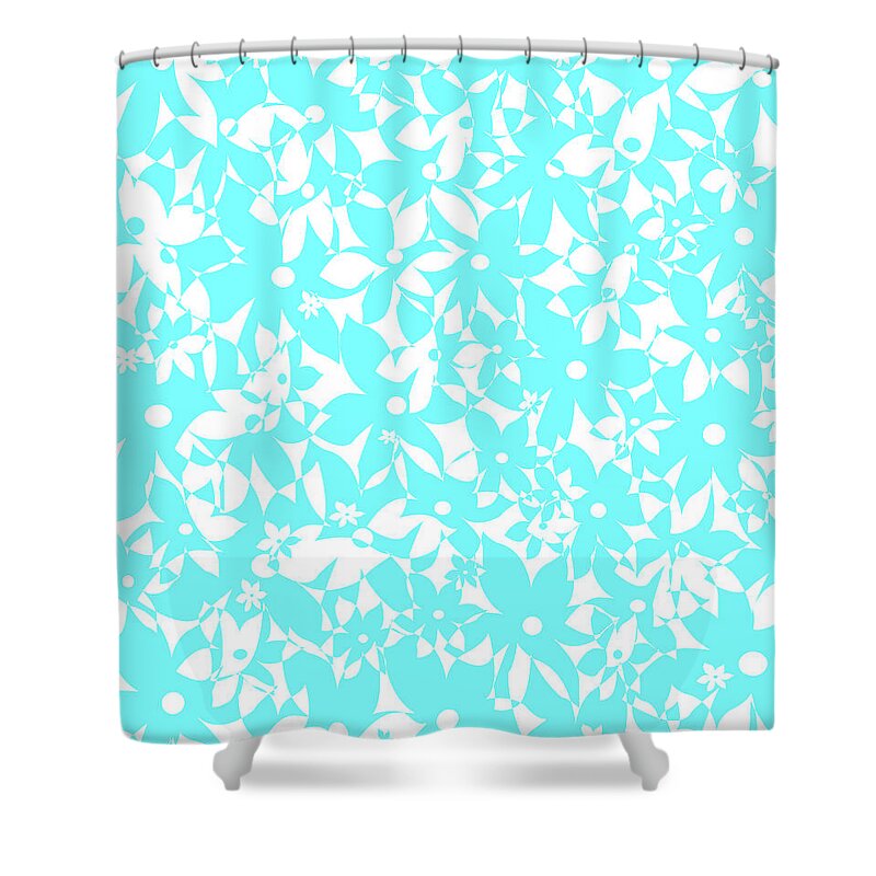 Flower Shower Curtain featuring the digital art Crowded Flowers - Turquoise by Shawna Rowe