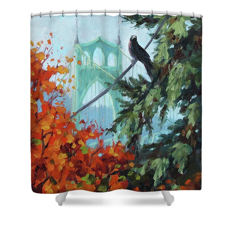 Crow Shower Curtain featuring the painting Crow's Eye View by Karen Ilari