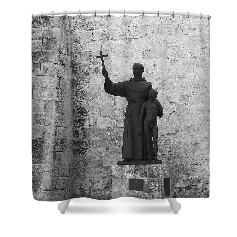 Black And White Shower Curtain featuring the photograph Cuba church yard and statue by Francesca Mackenney