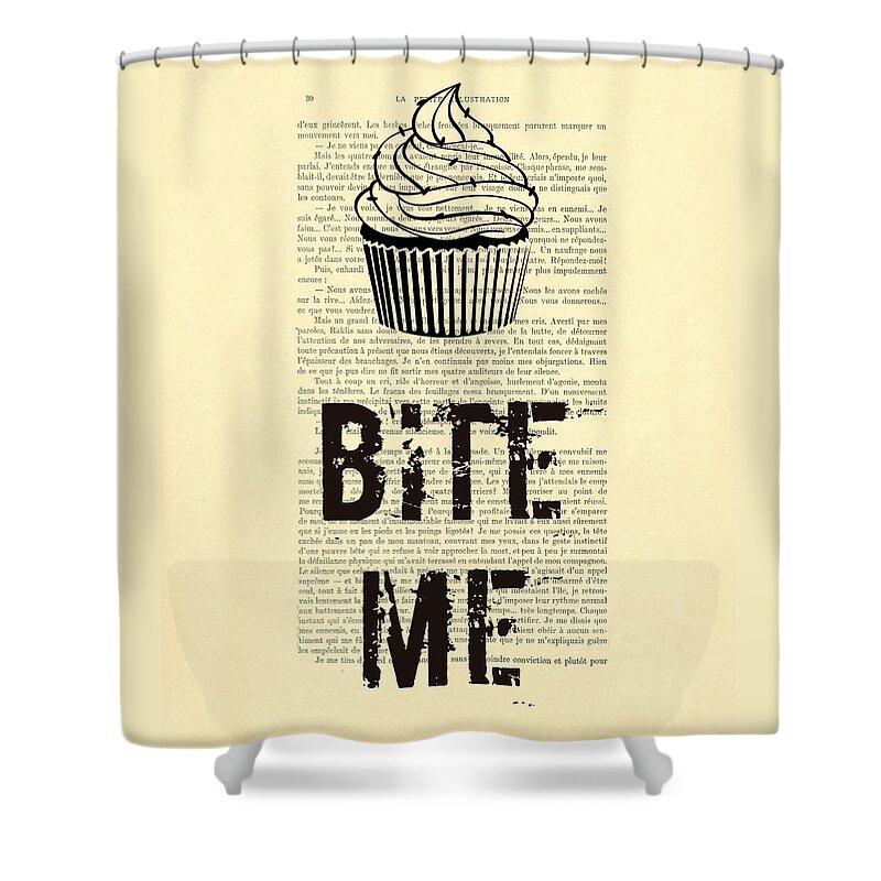 Cupcake Shower Curtain featuring the digital art Cupcake bite me typography by Madame Memento