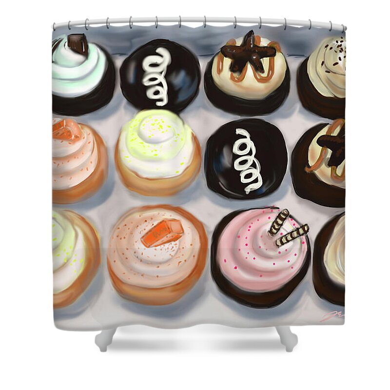 Cupcakes Shower Curtain featuring the painting Cupcake Charlies by Jean Pacheco Ravinski