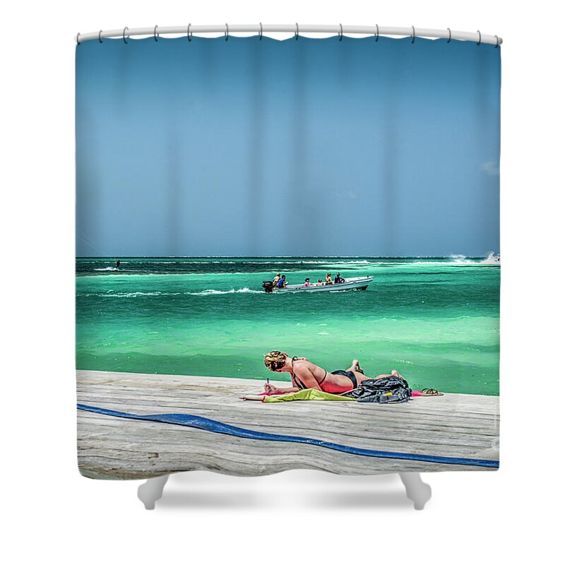 Caye Caulker Belize Shower Curtain featuring the photograph Curious Bikini Clad Sunbather by David Zanzinger
