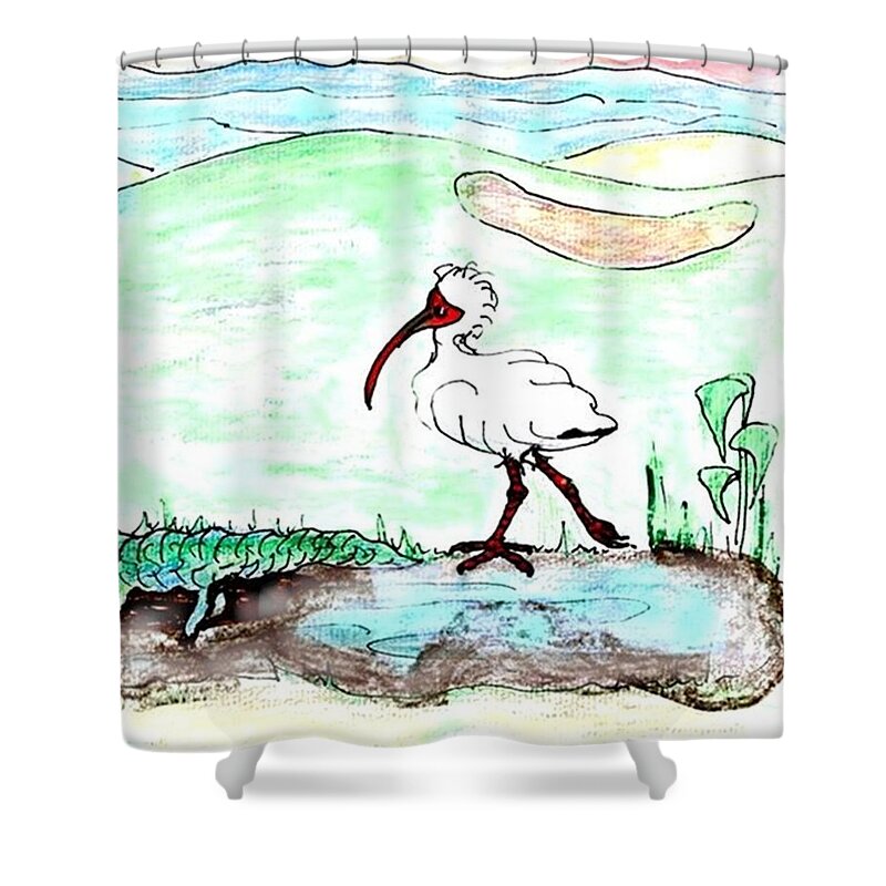 Ibis Shower Curtain featuring the drawing Curious ibis stands by by Carol Allen Anfinsen